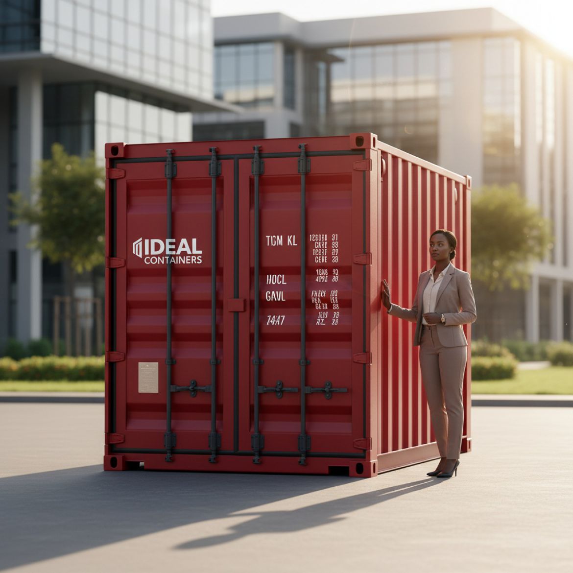 A red 10ft shipping container used for secure storage at a small business site in Nairobi, Kenya