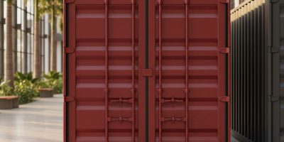 A modern red and dark grey 20ft shipping container from IDEAL Containers placed on a site in Kenya, used for storage or as a 