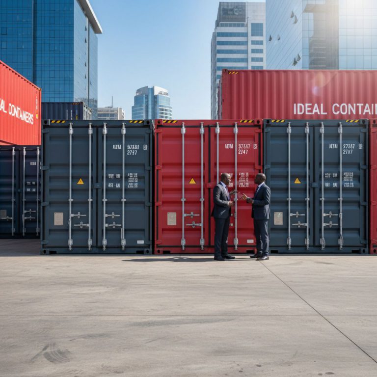 Large red 40ft shipping container from IDEAL Containers on a site in Kenya, ready for use or conversion.