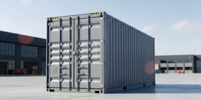 A red 40ft High Cube Container with the IDEAL Containers logo, ready for delivery in a Kenyan industrial setting, showcasing 