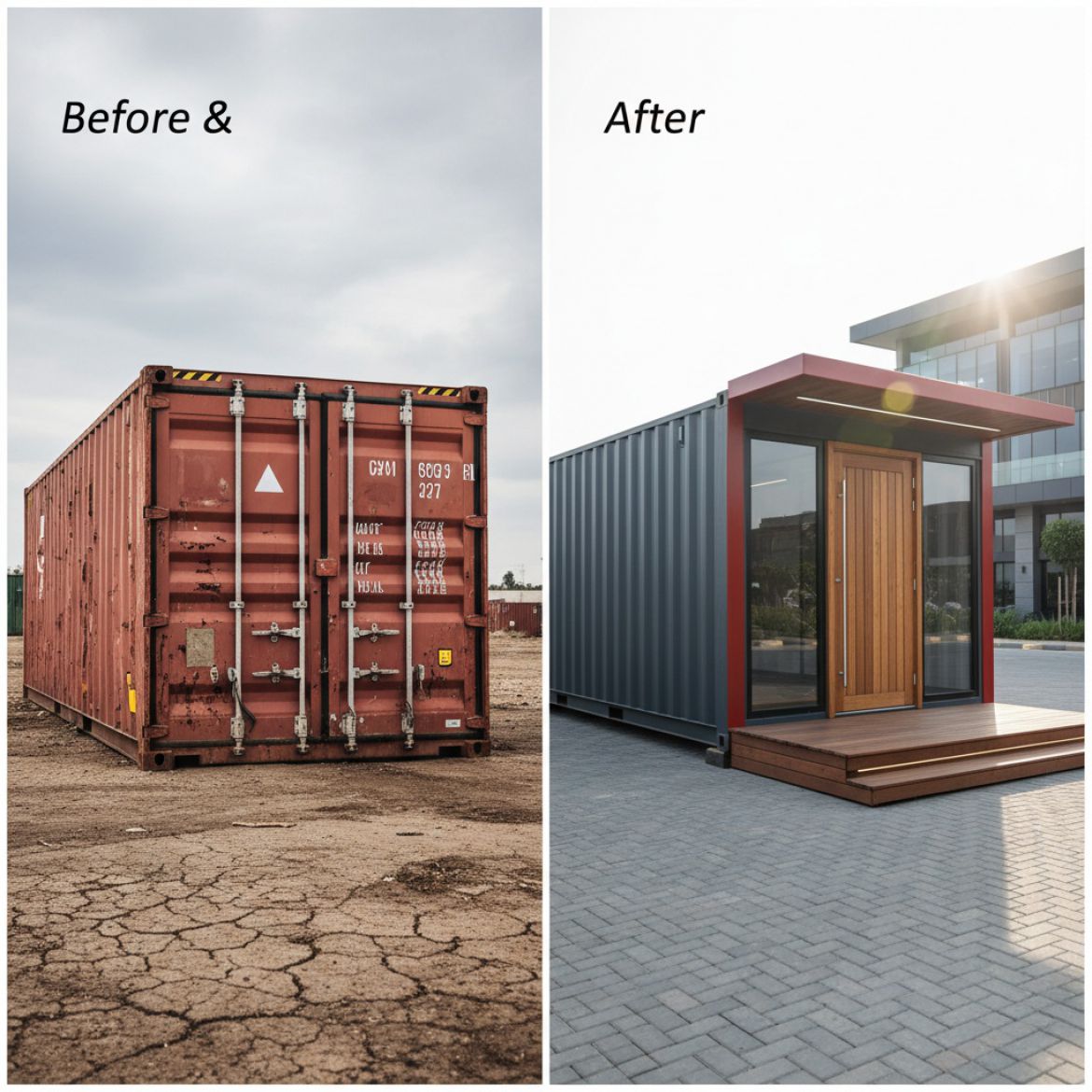 Before and after image of a shipping container transformed into a modern office by IDEAL Containers in Kenya