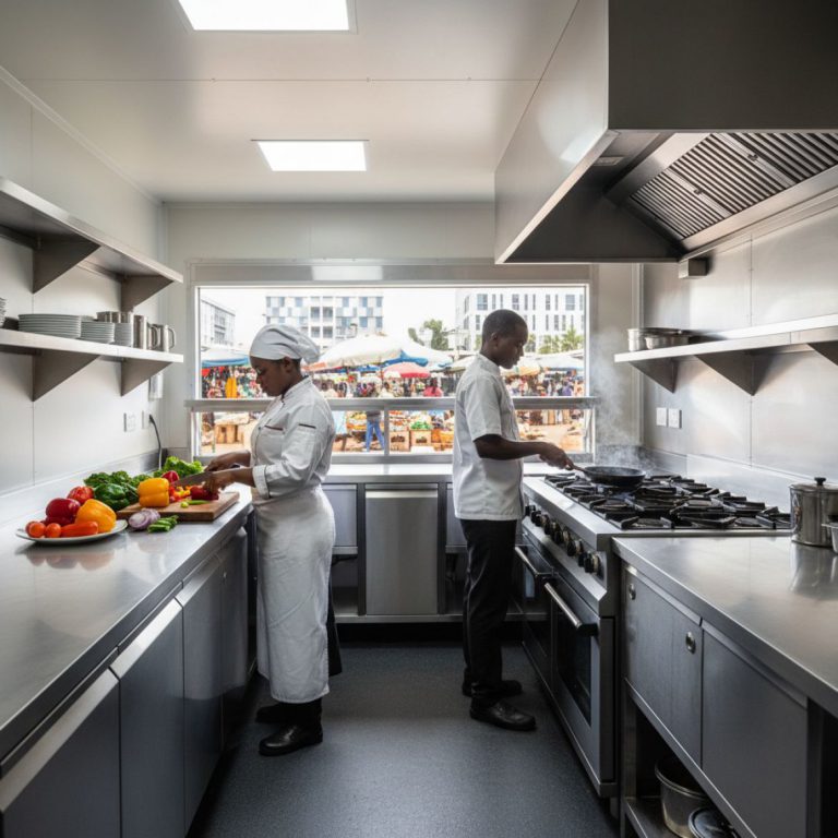 Interior of a fully equipped commercial kitchen container by IDEAL Containers, showcasing stainless steel surfaces and profes