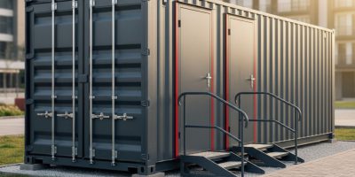 Two large, red double leaf container doors on a white shipping container, showing their wide opening capability, supplied by 