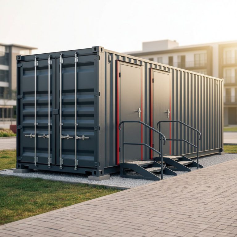 Two large, red double leaf container doors on a white shipping container, showing their wide opening capability, supplied by 