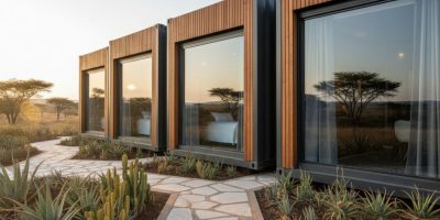 A modern, well-designed Container Guest House with a small deck and garden, built by IDEAL Containers in Kenya