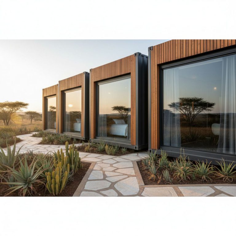 A modern, well-designed Container Guest House with a small deck and garden, built by IDEAL Containers in Kenya