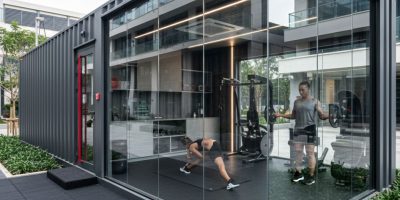 A modern container gym exterior with branding, showing workout space inside, delivered by IDEAL Containers in Kenya.