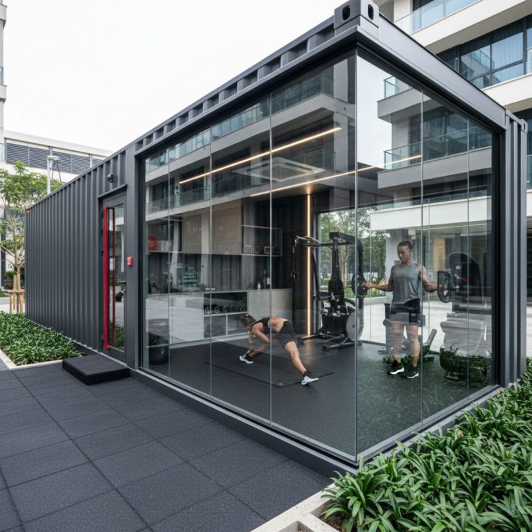 A modern container gym exterior with branding, showing workout space inside, delivered by IDEAL Containers in Kenya.