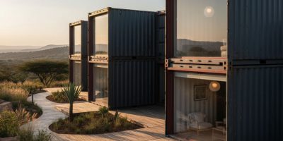 Stylish multi-unit container homes with modern finishes and landscaping in Kenya, showcasing IDEAL Containers' housing soluti