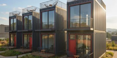 Several Container Rental Housing Units stacked and arranged on a construction site in Kenya, showing modular living spaces