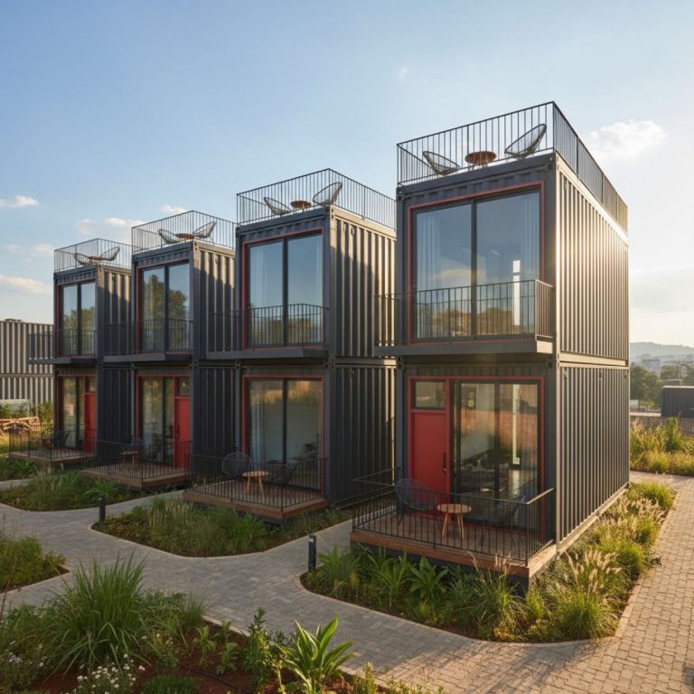 Several Container Rental Housing Units stacked and arranged on a construction site in Kenya, showing modular living spaces
