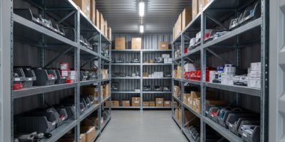 Interior view of a shipping container with IDEAL Containers' heavy-duty container shelving and racking systems installed, sho