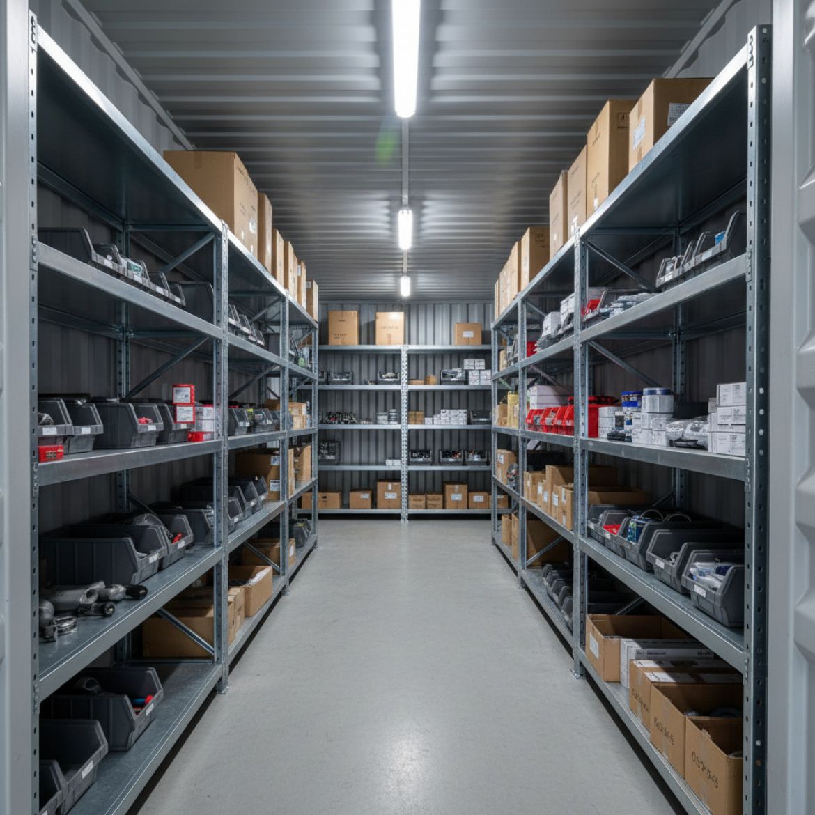 Interior view of a shipping container with IDEAL Containers' heavy-duty container shelving and racking systems installed, sho