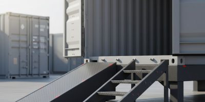 Heavy-duty steel container access ramp with anti-slip surface leading to a shipping container in Kenya