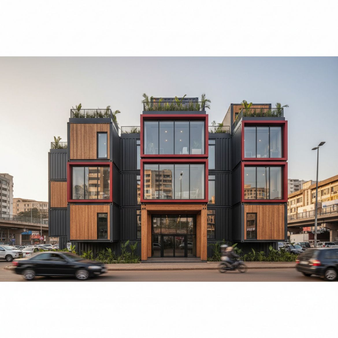 A vibrant collage of different container conversions including a modern container home, a pop-up cafe, and a multi-room offic