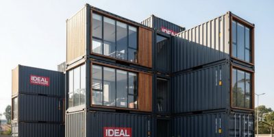 Rendering of a multi-level custom bespoke fabrication container complex designed by IDEAL Containers in Kenya