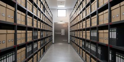 Row of secure storage units filled with document archive boxes at an IDEAL Containers facility in Kenya