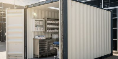 A converted shipping container serving as a mobile First Aid & Medical Container on a construction site in Kenya, with medica
