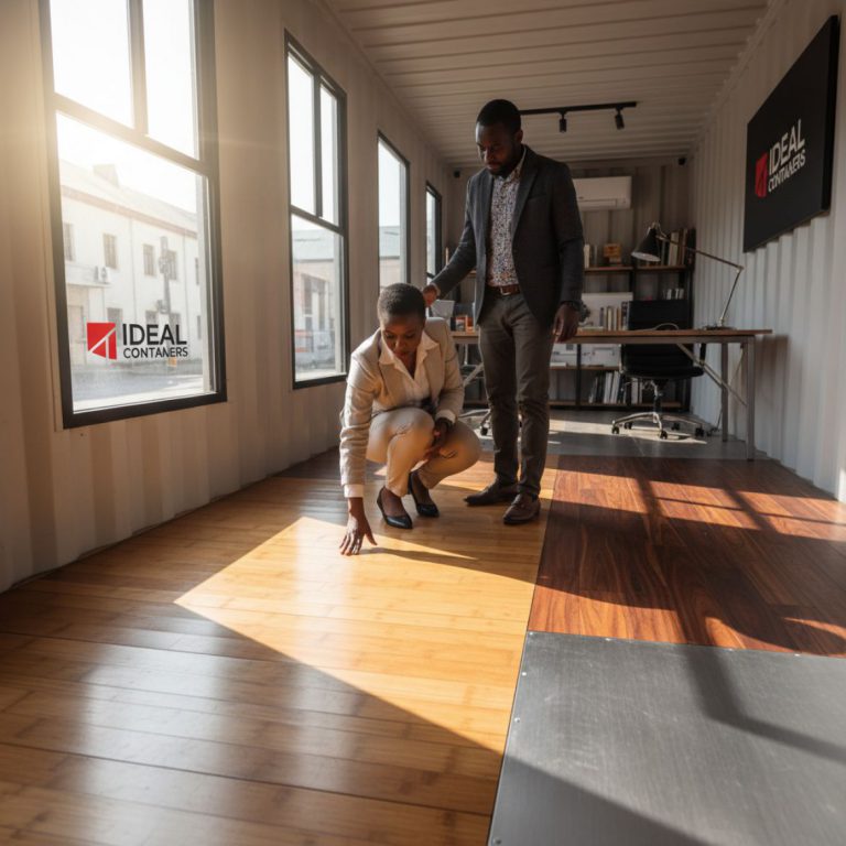 Various types of container flooring including bamboo, hardwood, and steel installed in shipping containers by IDEAL Container