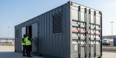 A heavy-duty generator housing container from IDEAL Containers on an industrial site in Kenya, providing secure power solutio