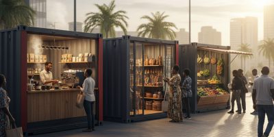 Vibrant market kiosk made from a shipping container in Kenya, branded for retail