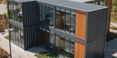 Modern multi-room container office exterior with multiple windows and doors, showing different internal sections by IDEAL Con