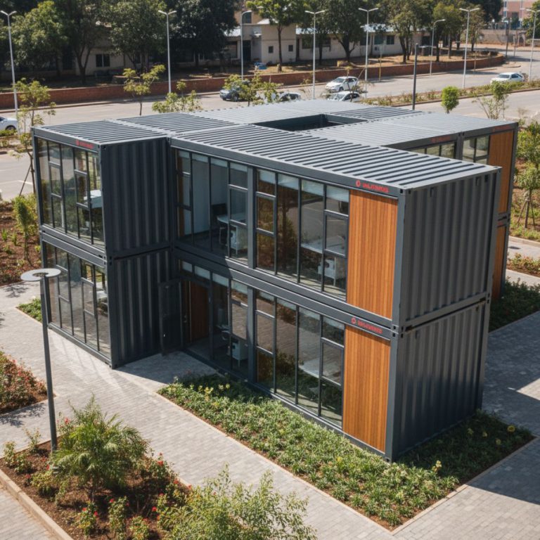 Modern multi-room container office exterior with multiple windows and doors, showing different internal sections by IDEAL Con