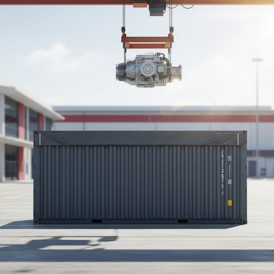 An IDEAL Containers open top shipping container being loaded with large industrial machinery by a crane in Kenya, showcasing 