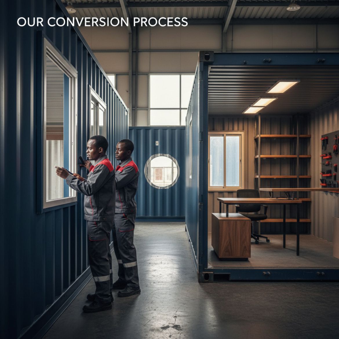 Detailed steps of IDEAL Containers' shipping Container Conversion Process in Kenya, showing design, fabrication, and installa