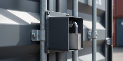 Close-up of a robust security lockbox with a heavy-duty padlock securing a shipping container door, highlighting enhanced Pad