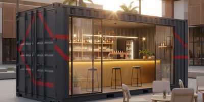 Two shipping container pop-up bars & restaurants with outdoor seating, custom branding, and modern design in an urban setting