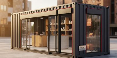 A vibrant, custom-designed shipping container serving as a Pop-Up Retail Shop with branding, ideal for market presence in Ken