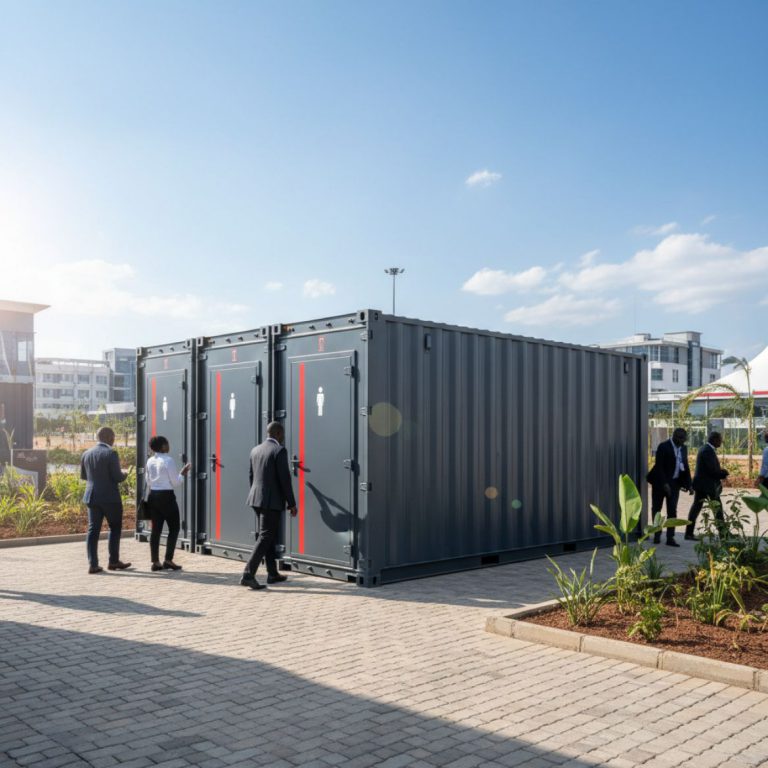 High-quality Portable Ablution Blocks from IDEAL Containers for construction sites and events in Kenya.