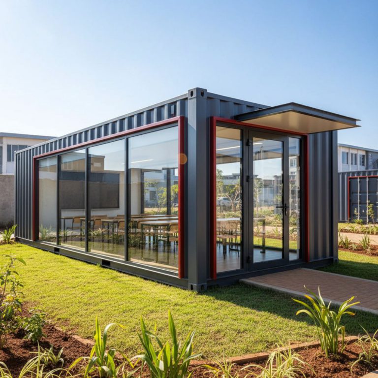 Exterior view of a bright and spacious portable classroom unit from IDEAL Containers, set in a Kenyan schoolyard, highlightin