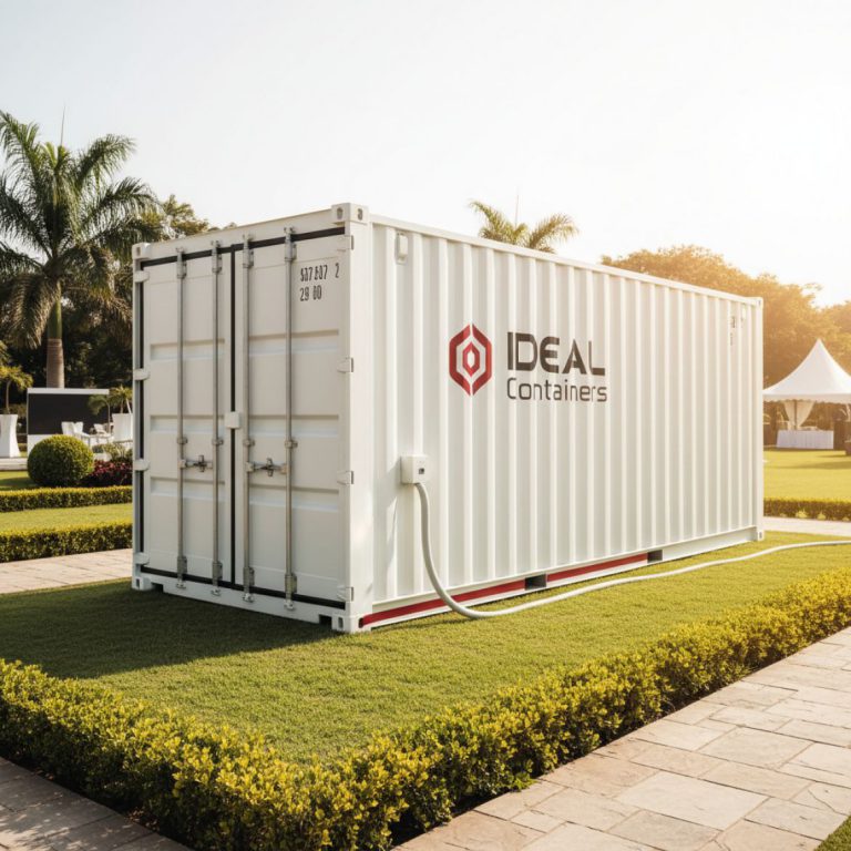 A white IDEAL Containers reefer unit providing cold storage at a vibrant outdoor event in Kenya, with people enjoying chilled