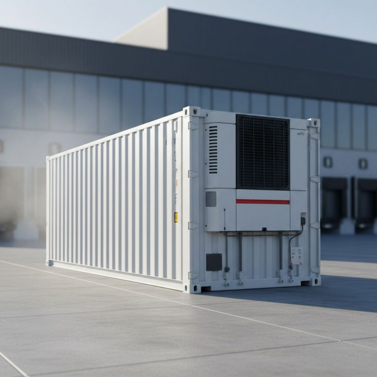 A white IDEAL Containers reefer unit providing reliable cold storage for fresh food products in Kenya.