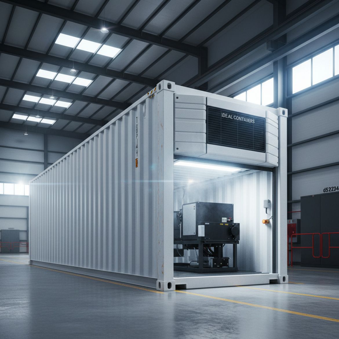 Bright red IDEAL Containers reefer container with 'IDEAL Containers' branding, suitable for cold storage in Kenya.