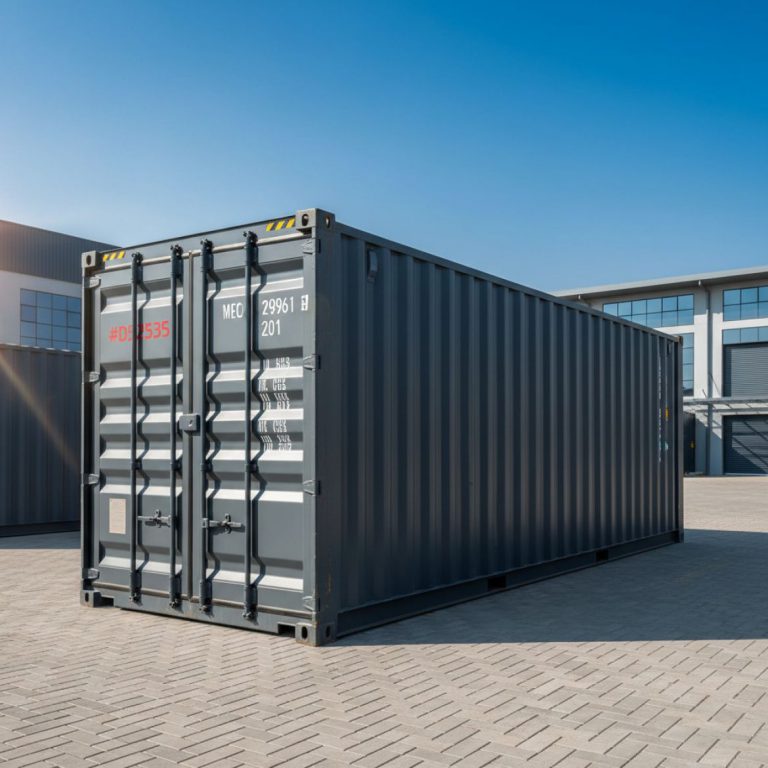 Large red IDEAL Containers shipping container used for secure on-site storage hire at a construction site in Kenya, with a he
