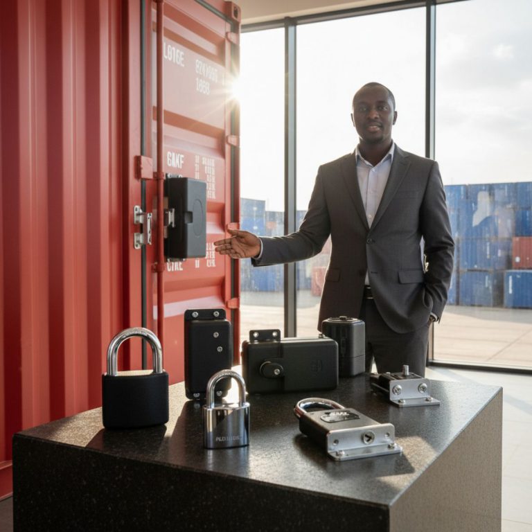 Close-up of a high-security padlock and a bolt-on container security accessories lockbox on a red shipping container door, pr