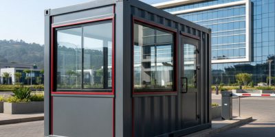 A modern, sturdy steel Security Guard Cabin from IDEAL Containers on a construction site in Kenya.