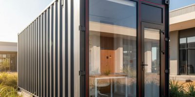 A sleek red and grey <strong>Single-Room Container Office</strong> unit from IDEAL Containers on a construction site in Kenya