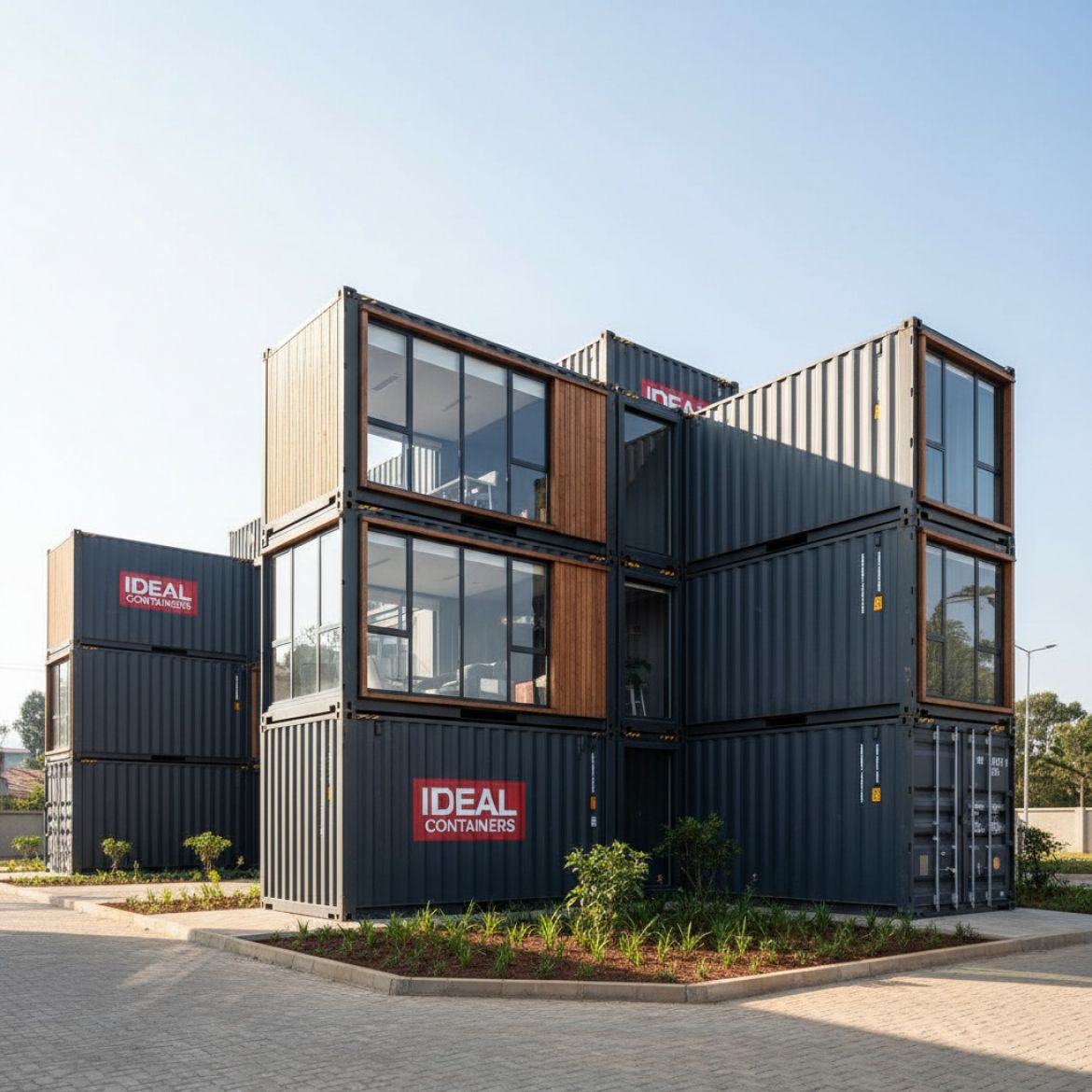 A modern, well-designed single-unit container home with a small patio and green surroundings in Kenya, showcasing IDEAL Conta