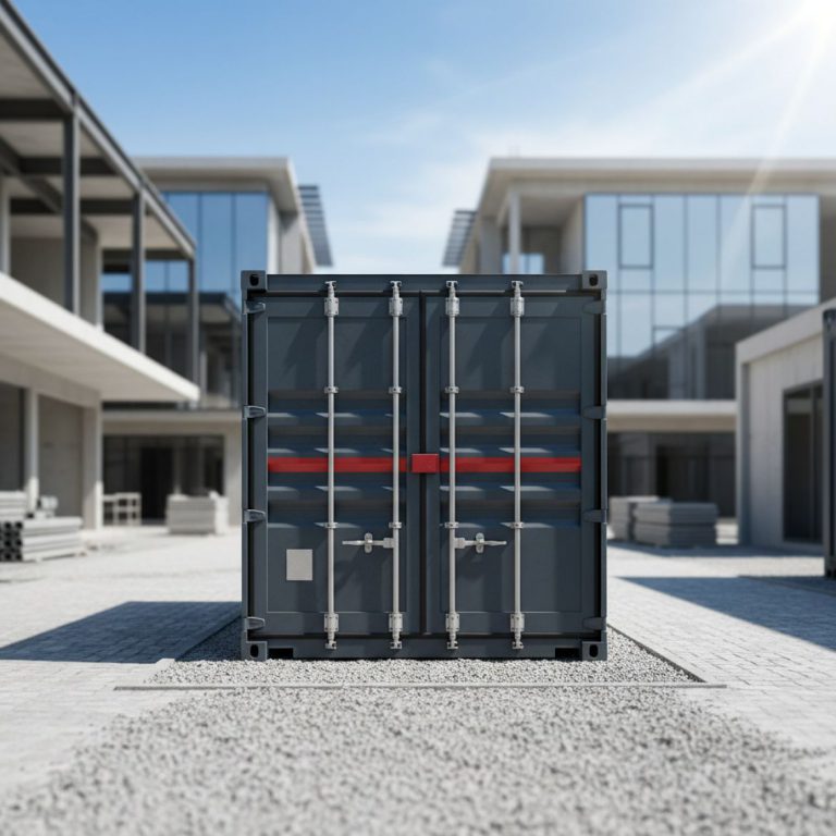 A 20ft IDEAL Containers site storage container at a construction site in Kenya, used for tool and material storage.
