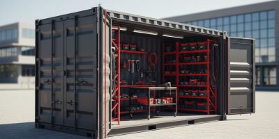 A modern, robust IDEAL Containers Site Welfare Unit on a busy Kenyan construction site, showing internal breakroom area.