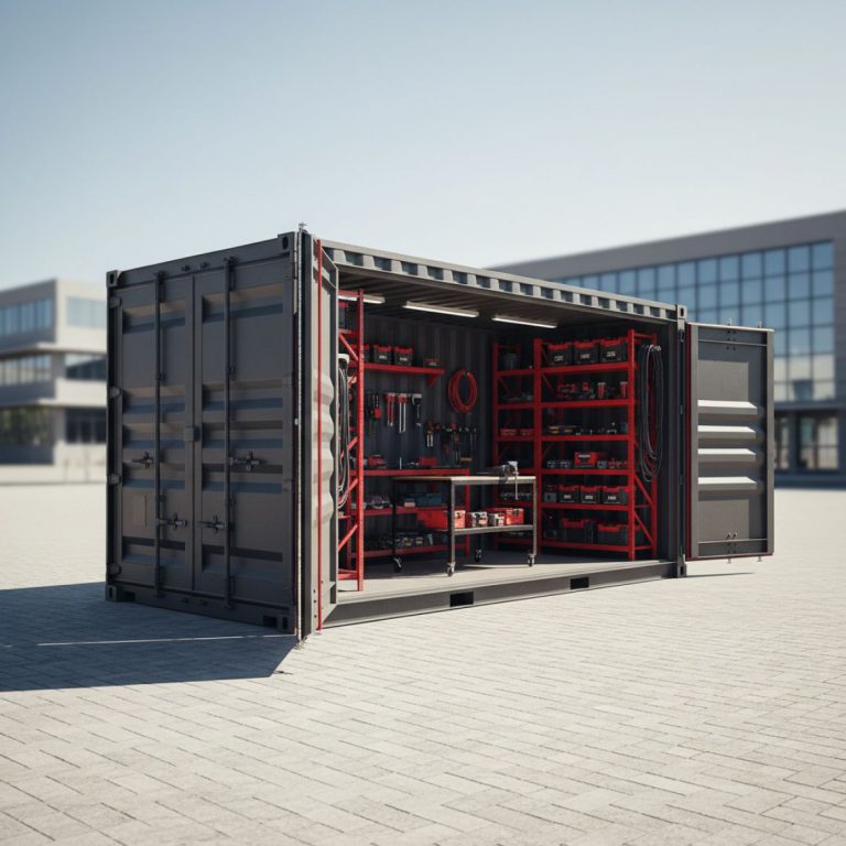 A modern, robust IDEAL Containers Site Welfare Unit on a busy Kenyan construction site, showing internal breakroom area.