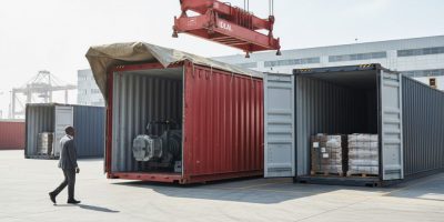 A flat rack container loaded with heavy machinery at an IDEAL Containers yard in Kenya