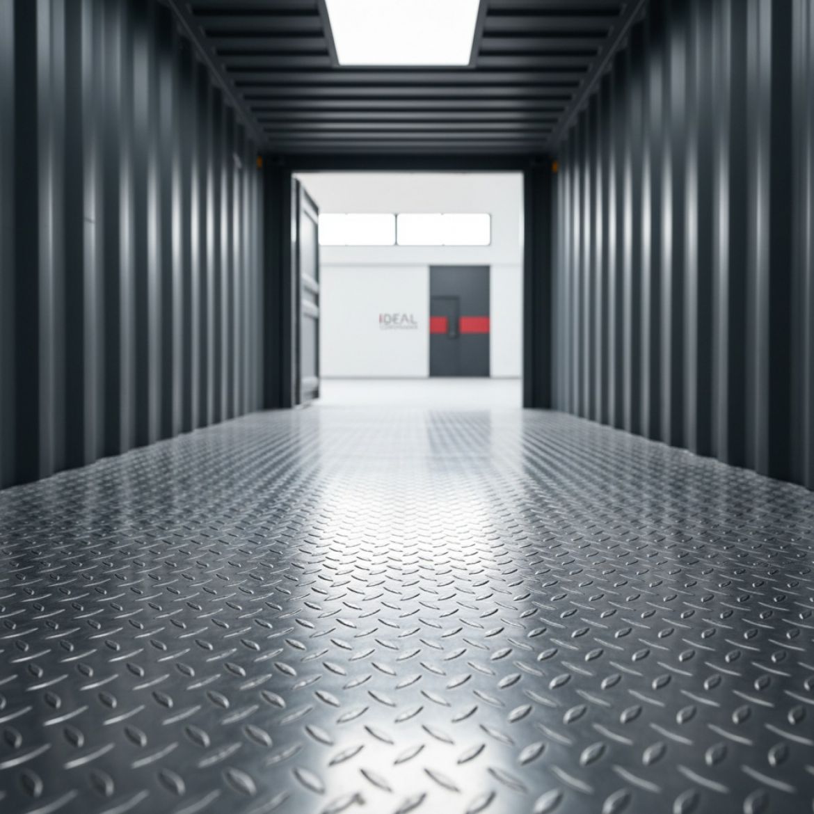 Close-up of newly installed corrugated Steel Container Flooring inside a shipping container, showing its robust and durable s