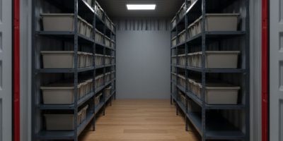 Interior of a shipping container with heavy-duty shelving, racking systems, and an external access ramp, highlighting Contain