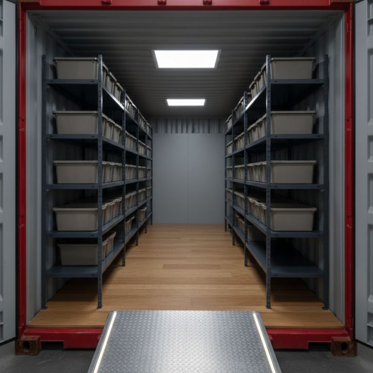 Interior of a shipping container with heavy-duty shelving, racking systems, and an external access ramp, highlighting Contain