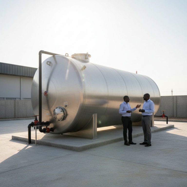 Several large, robust tanks for water storage in a field, with a Kenyan landscape in the background, supplied by IDEAL Contai
